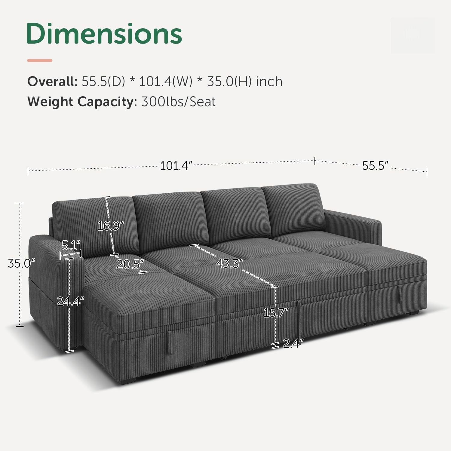Dark Grey Corduroy U‑Shape Sleeper Sofa