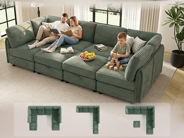 Green Corduroy Modular Sleeper Sectional Sofa