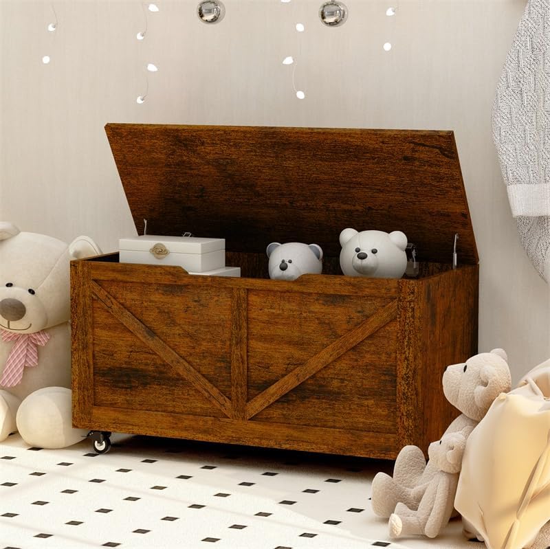 Wheeled Rustic Wooden Storage Bench Chest