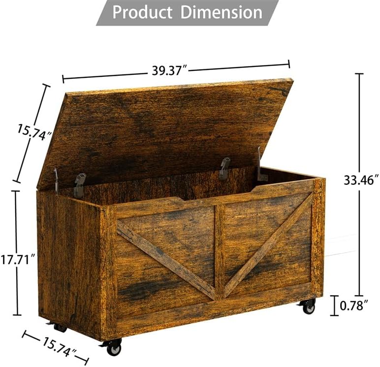 Wheeled Rustic Wooden Storage Bench Chest