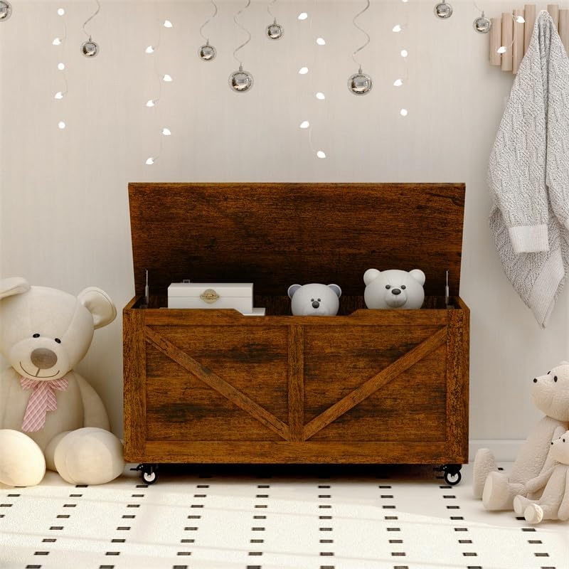 Wheeled Rustic Wooden Storage Bench Chest