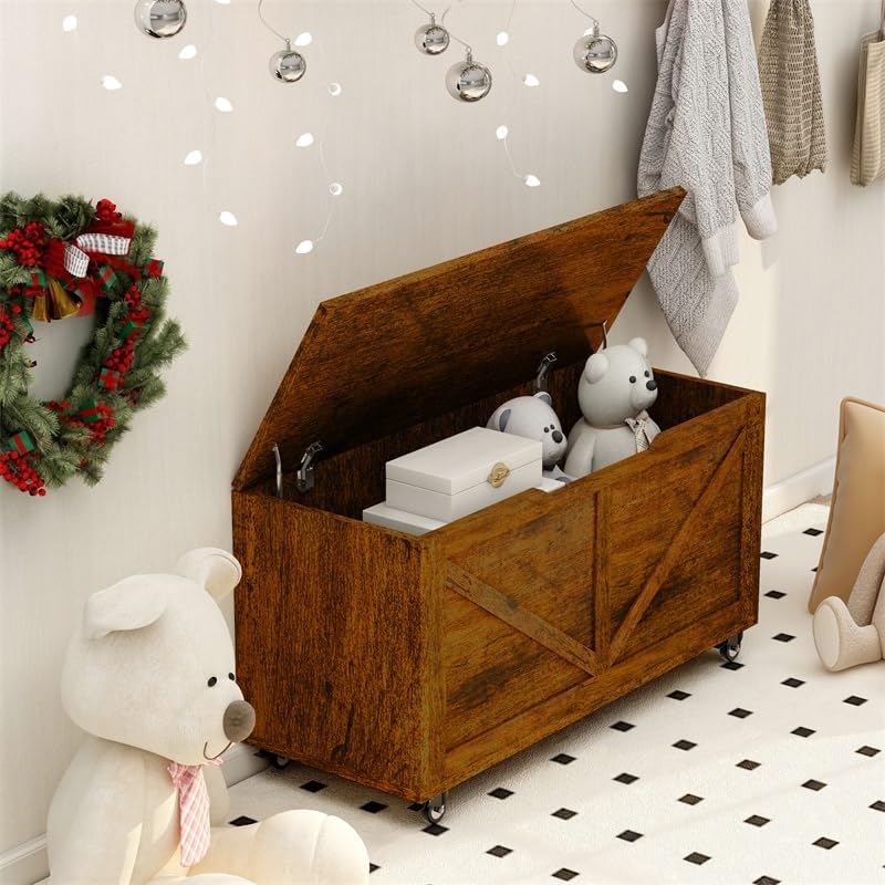 Wheeled Rustic Wooden Storage Bench Chest