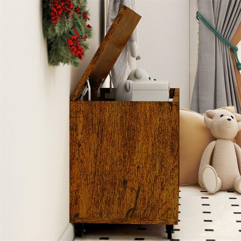 Wheeled Rustic Wooden Storage Bench Chest