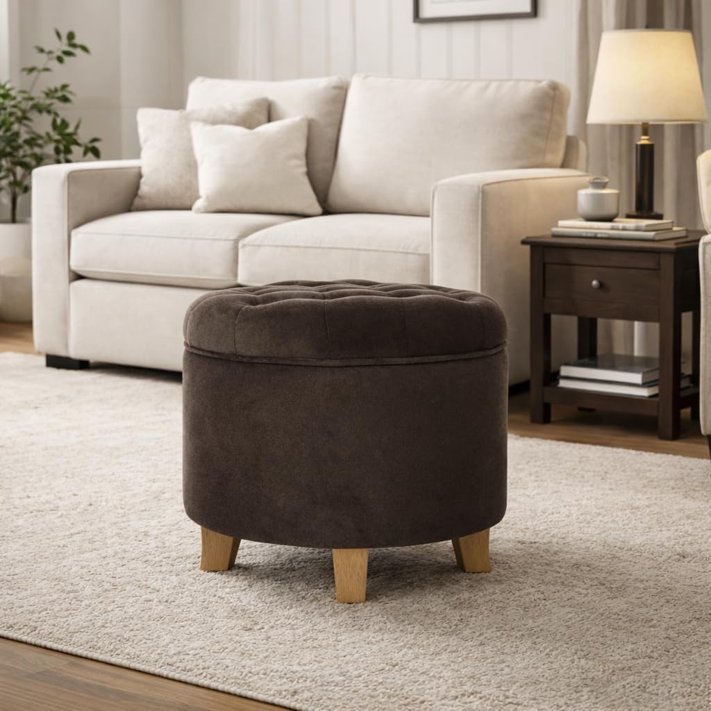 Brown Velvet Tufted Round Storage Ottoman