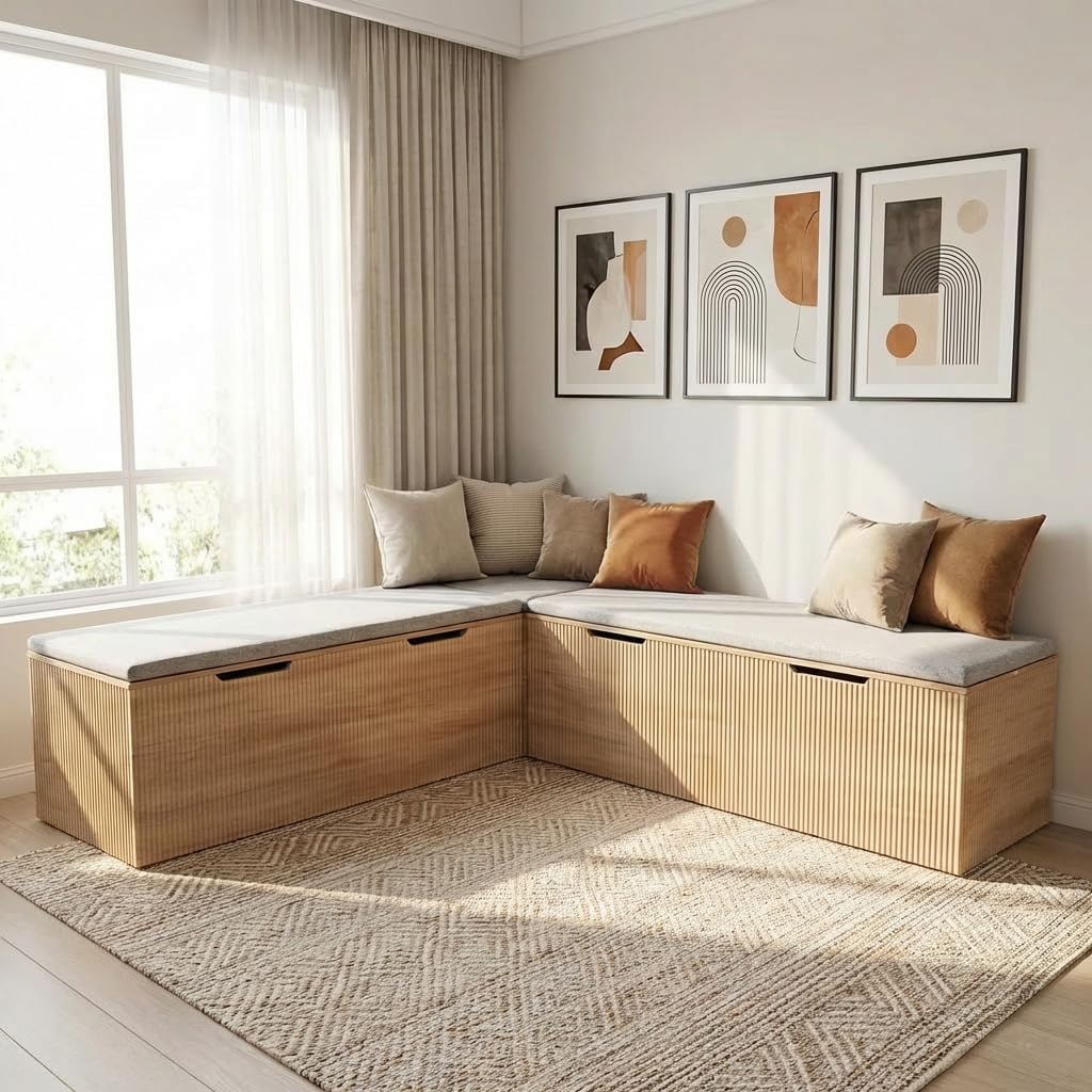 Natural Cushioned L‑Shape Storage Bench