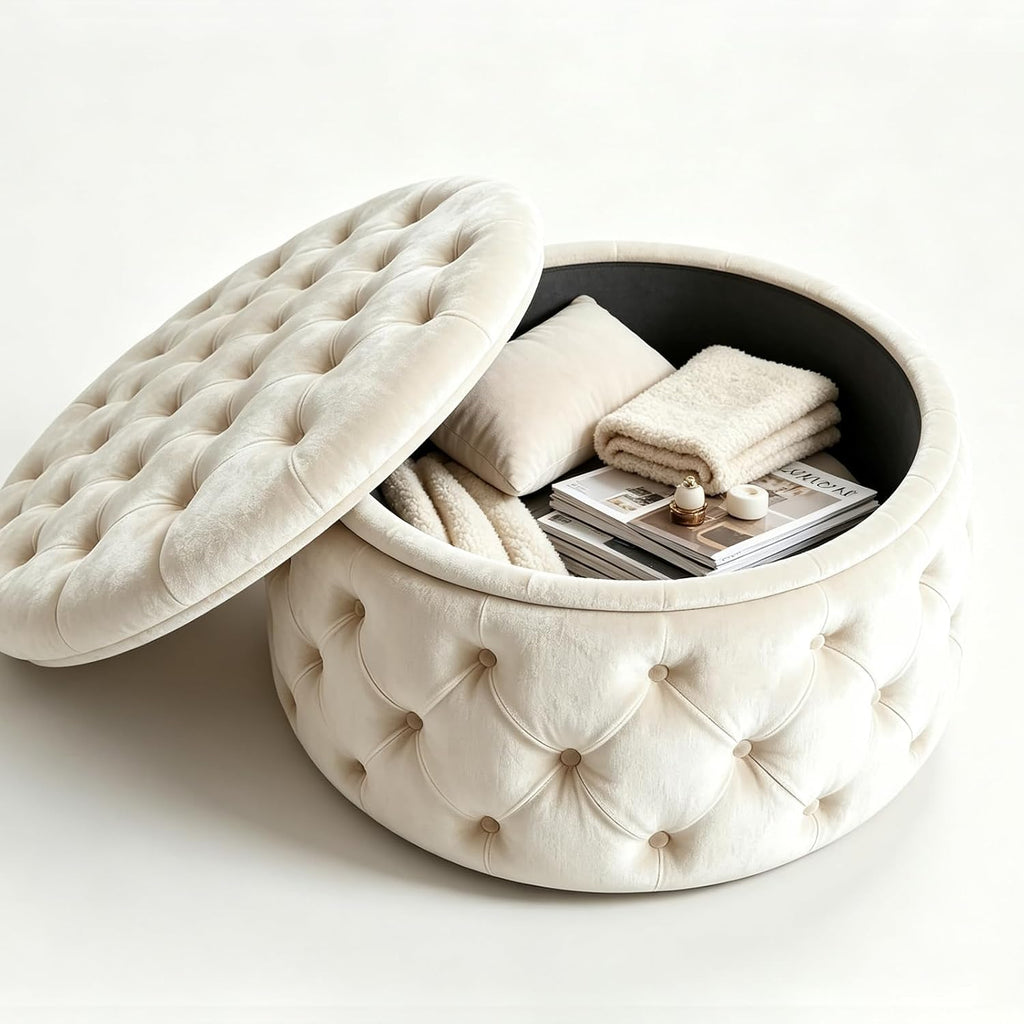 Velvet Tufted Round Storage Foot Stool