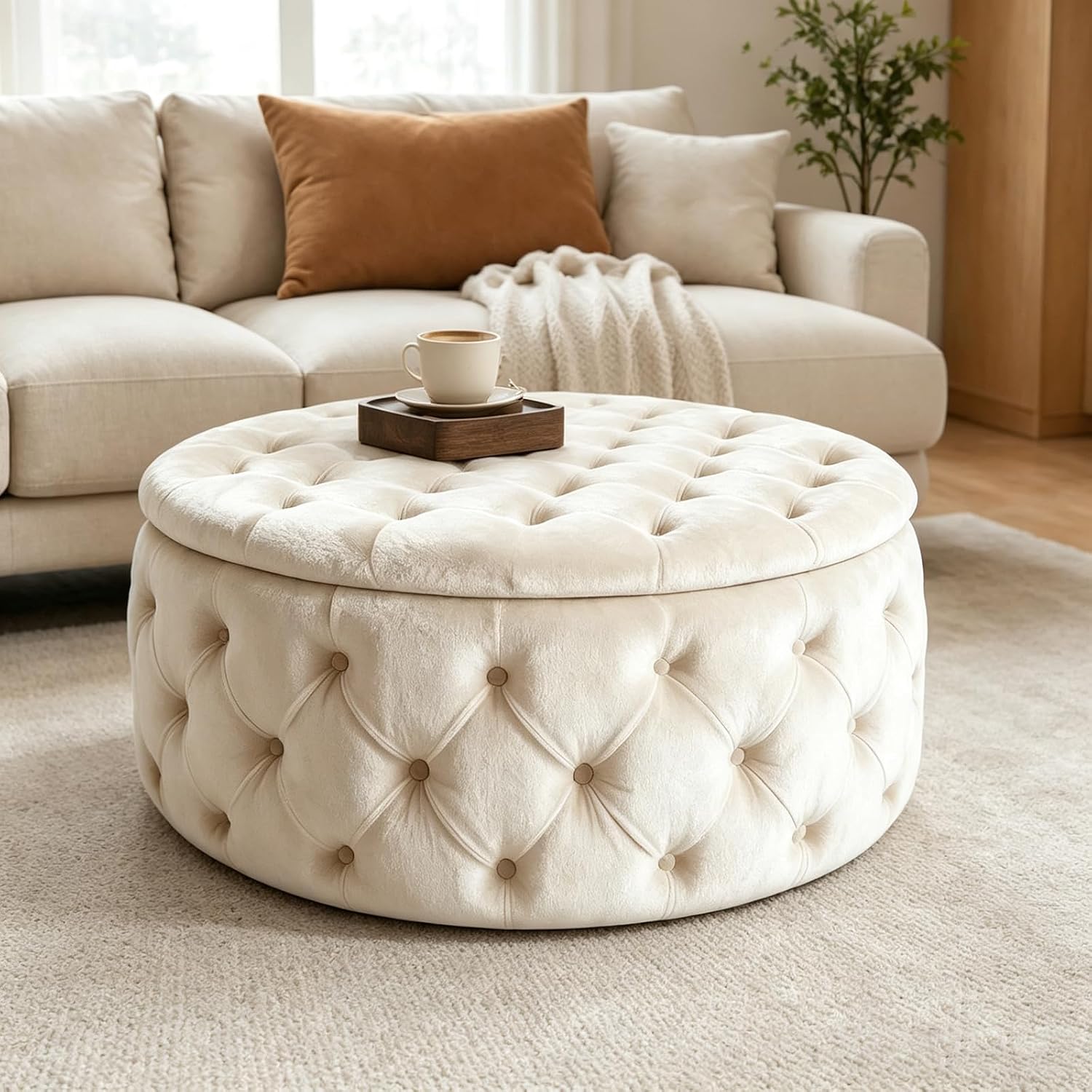 Velvet Tufted Round Storage Foot Stool