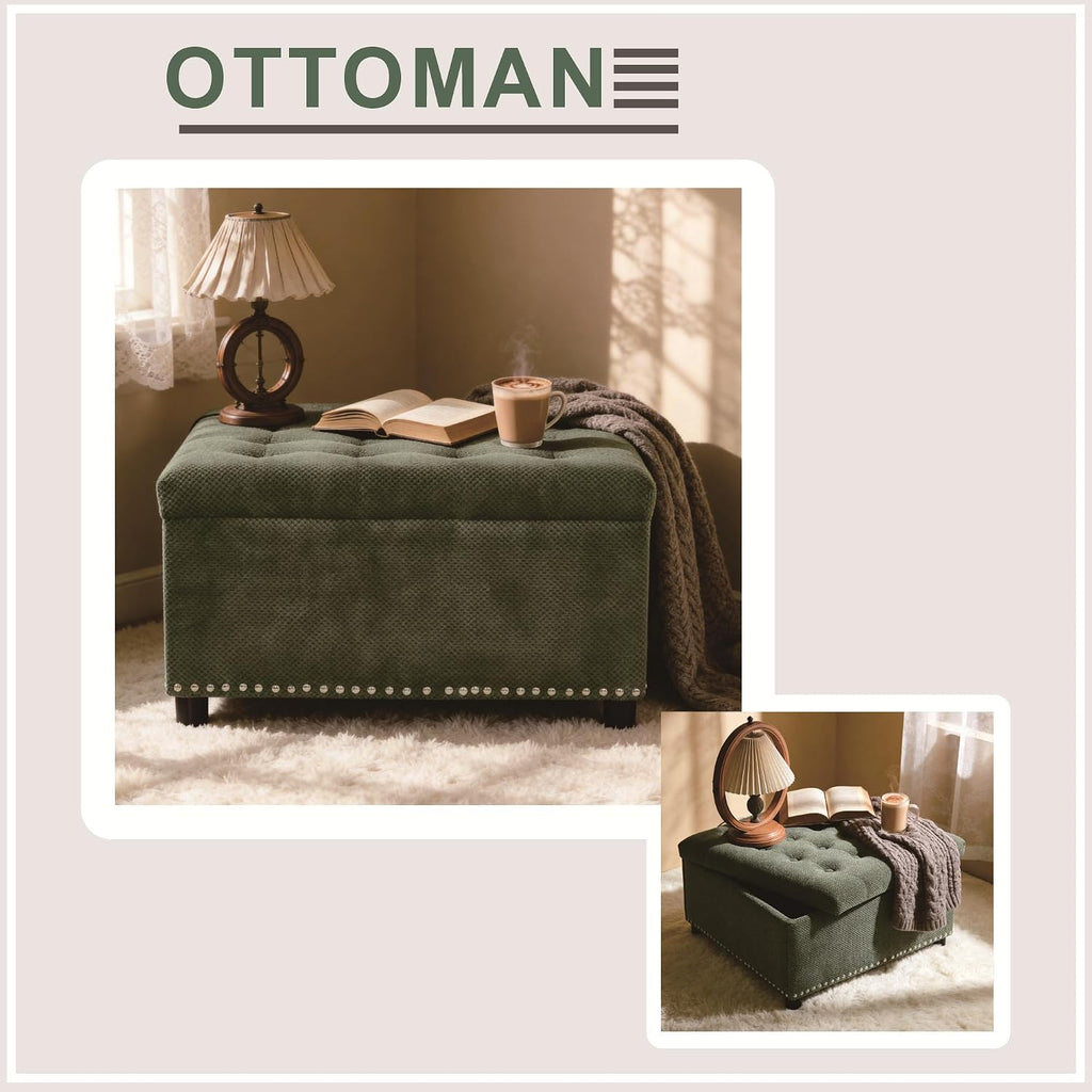 Green Tufted Square Fabric Storage Ottoman