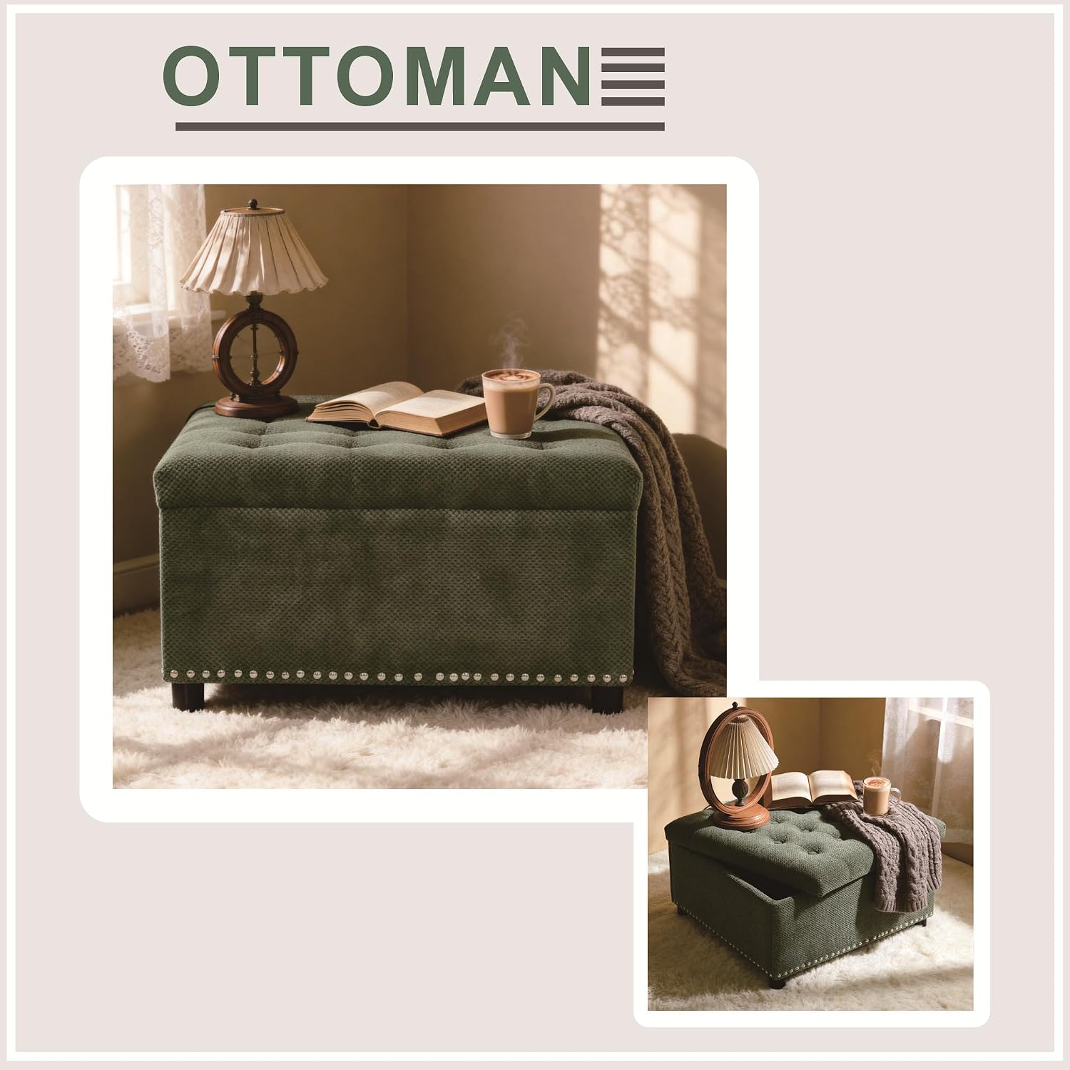 Green Tufted Square Fabric Storage Ottoman