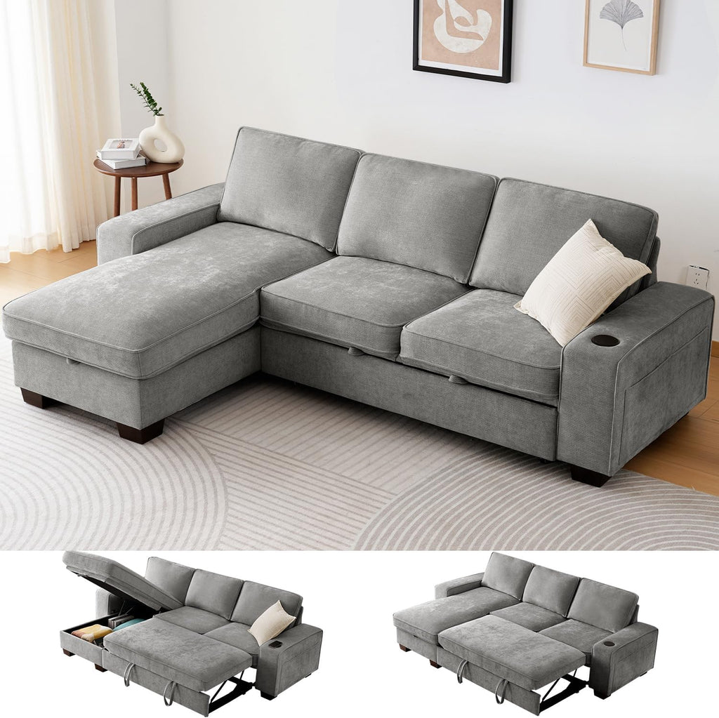 Gray Chenille L‑Shape Storage Sleeper Sofa