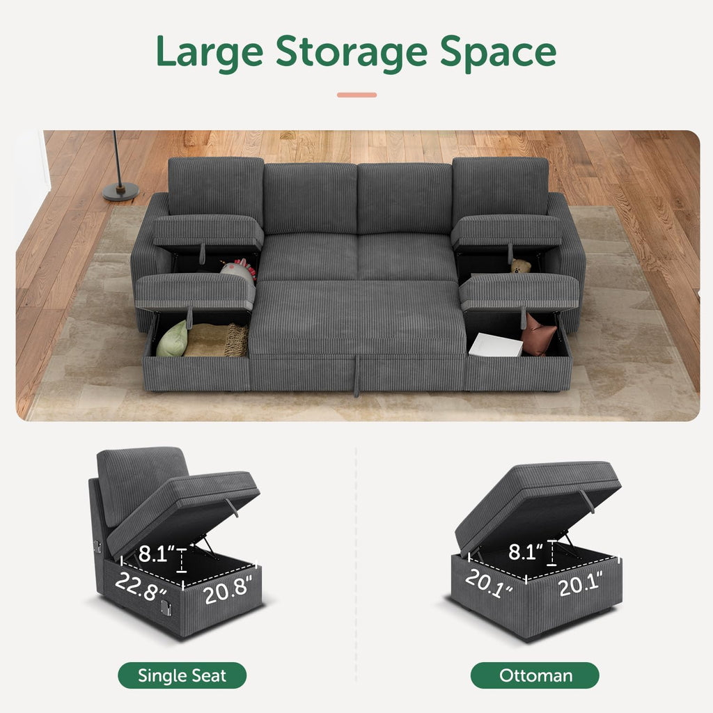 Dark Grey Corduroy U‑Shape Sleeper Sofa