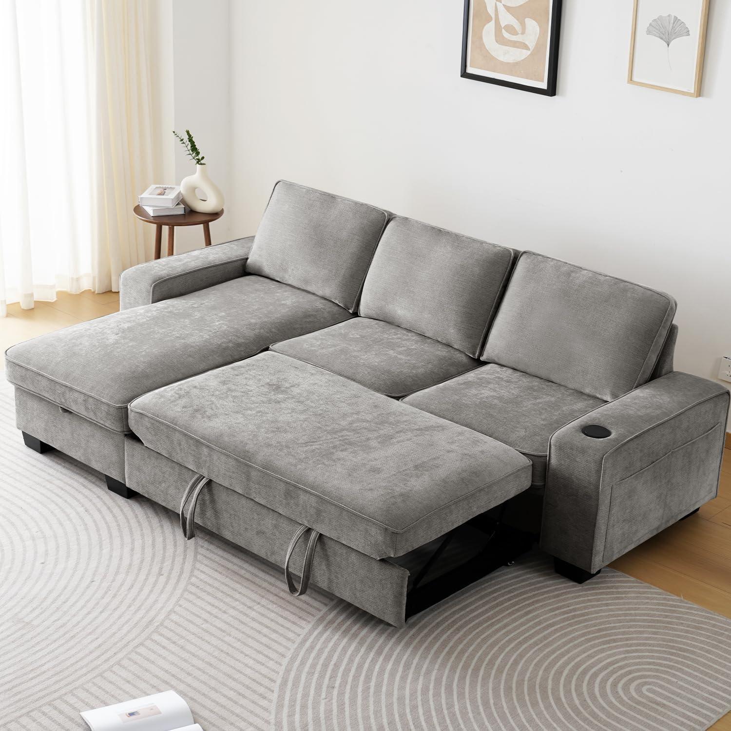 Gray Chenille L‑Shape Storage Sleeper Sofa