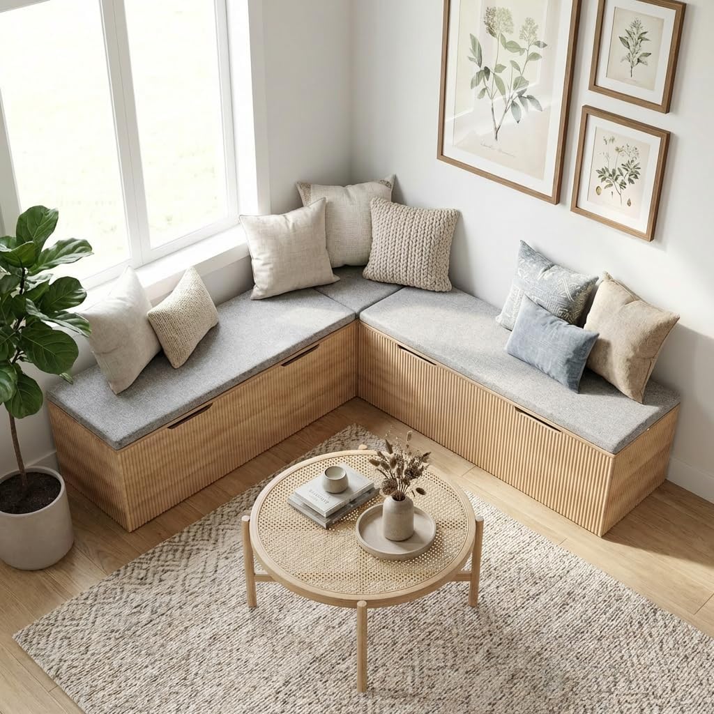 Natural Cushioned L‑Shape Storage Bench