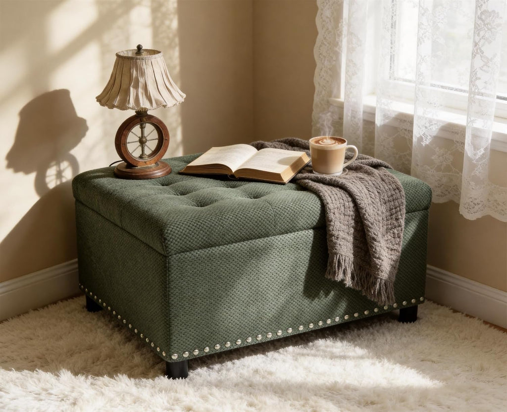 Green Tufted Square Fabric Storage Ottoman