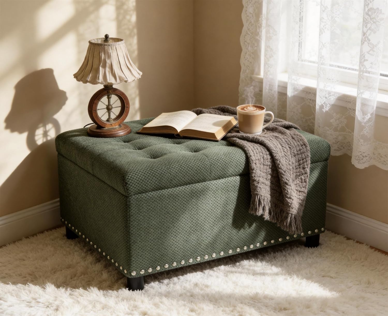 Green Tufted Square Fabric Storage Ottoman
