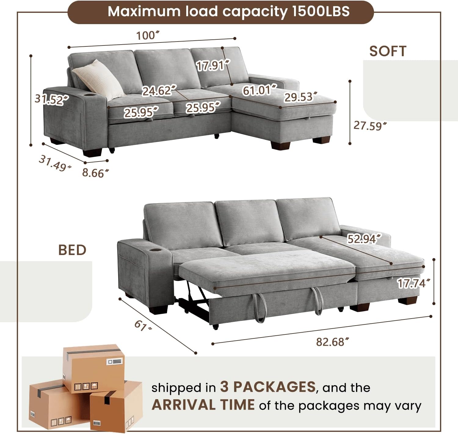 Gray Chenille L‑Shape Storage Sleeper Sofa