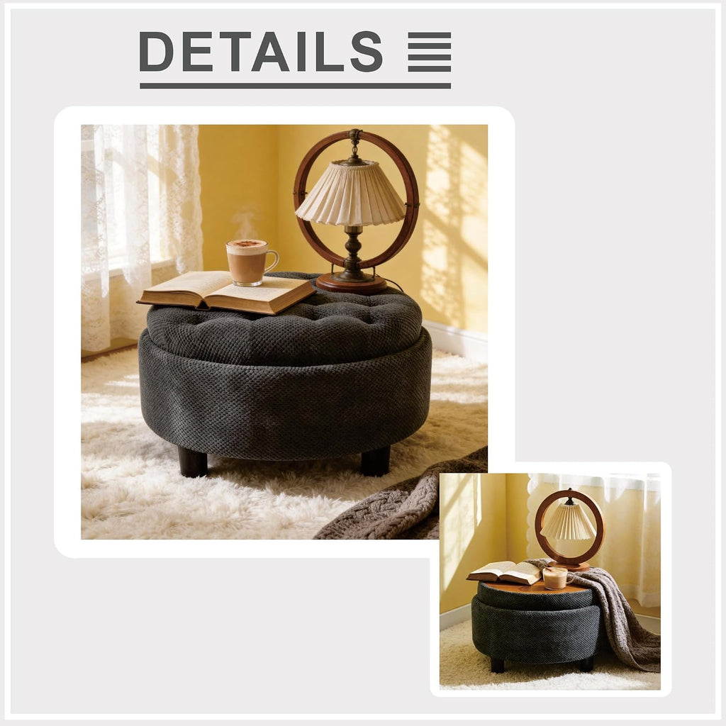 Round Tufted Fabric Storage Ottoman Stool
