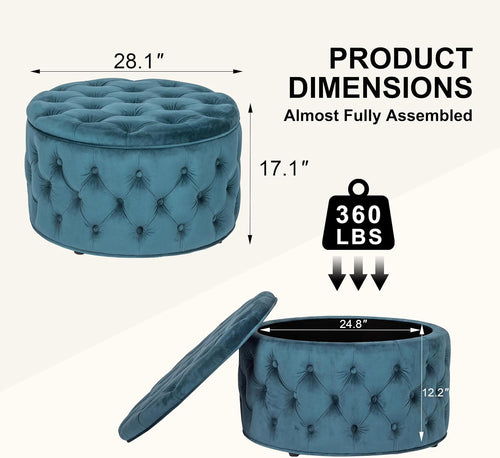 Blue Velvet Tufted Round Storage Ottoman