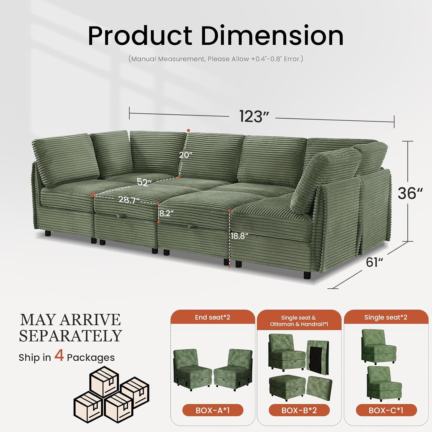 Green Corduroy Modular Sleeper Sectional Sofa