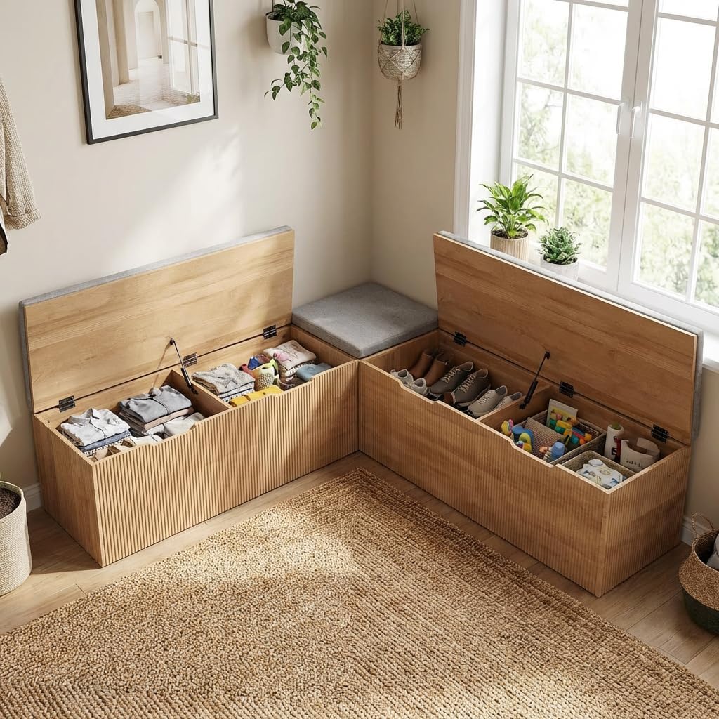 Natural Cushioned L‑Shape Storage Bench
