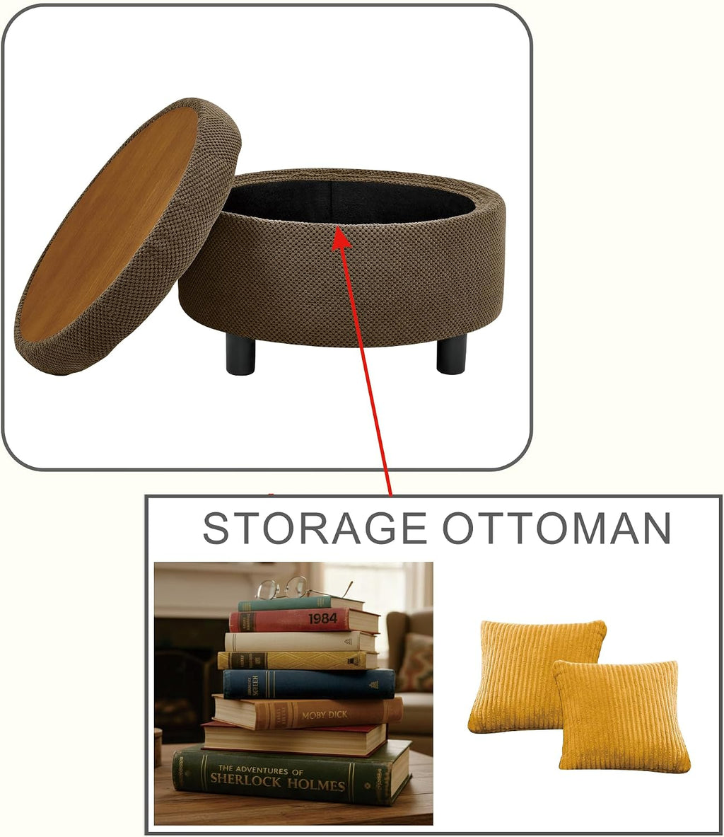 Linen Tufted Round Storage Ottoman Stool