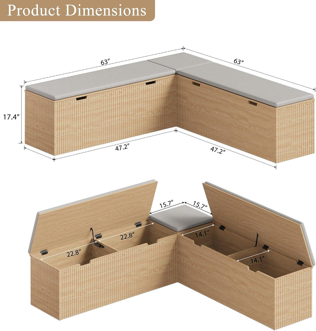 Natural Cushioned L‑Shape Storage Bench