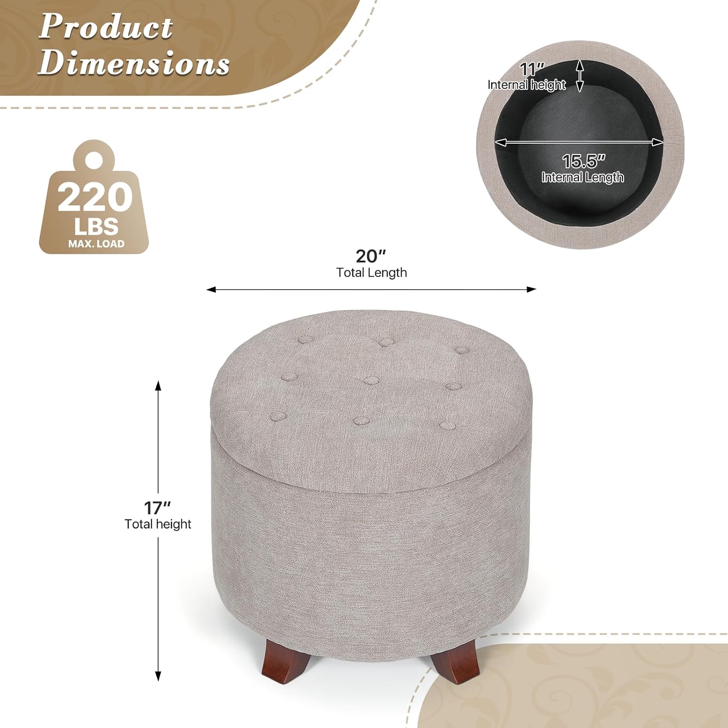 Khaki Linen Round Storage Ottoman Footstool