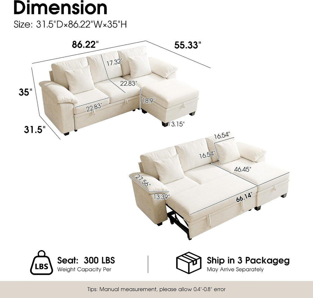 Beige L‑Shape Storage Sleeper Sectional Sofa