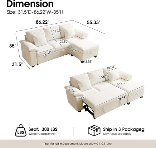 Beige L‑Shape Storage Sleeper Sectional Sofa