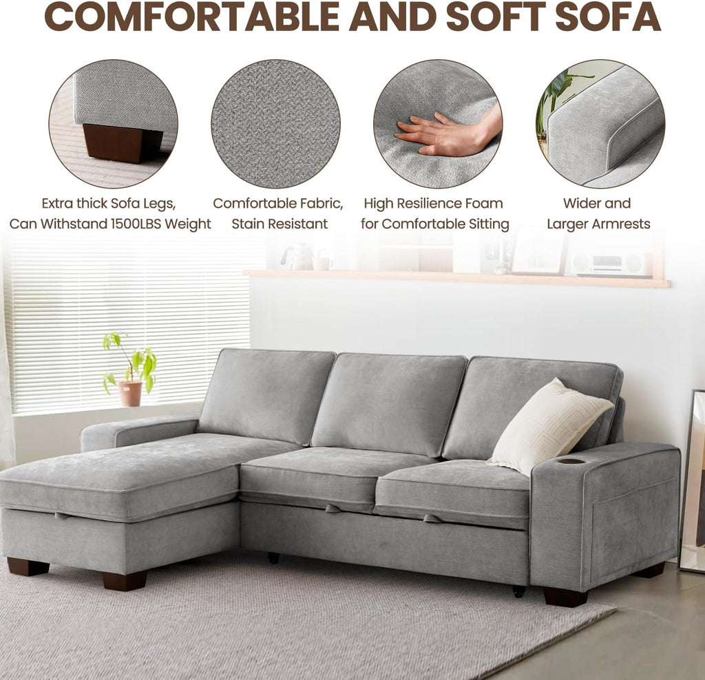 Gray Chenille L‑Shape Storage Sleeper Sofa