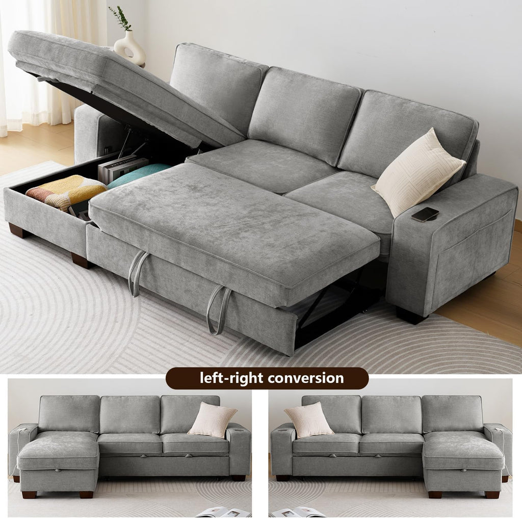 Gray Chenille L‑Shape Storage Sleeper Sofa