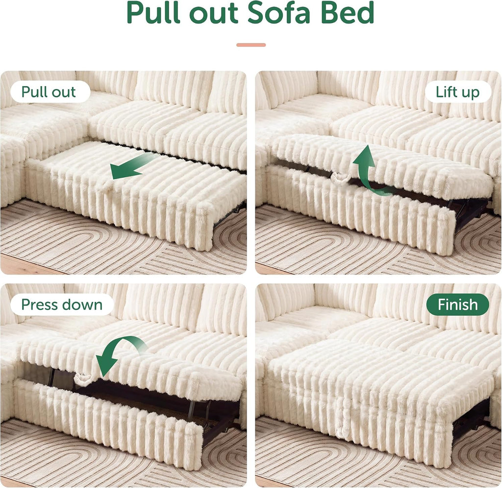 Beige Corduroy Storage Sleeper Sectional Sofa