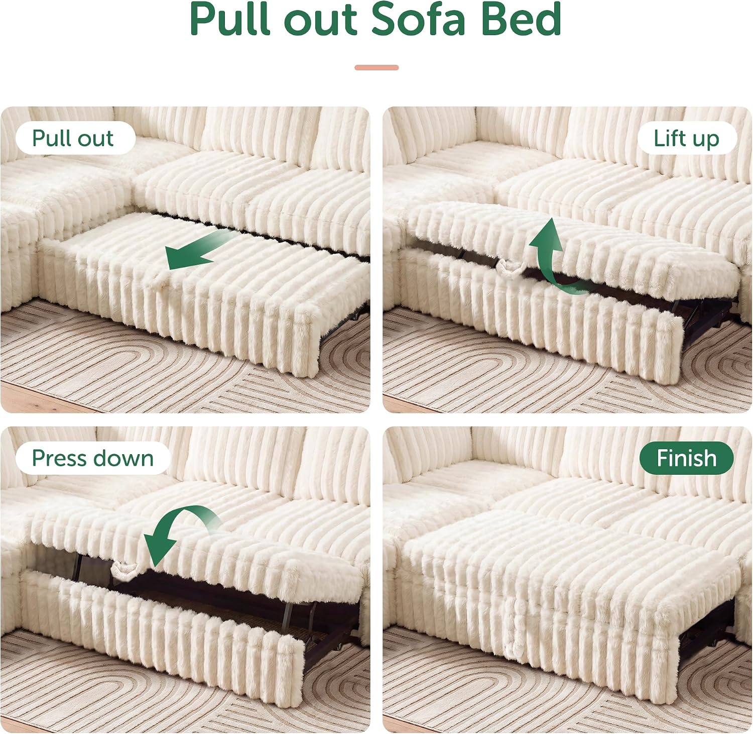 Beige Corduroy Storage Sleeper Sectional Sofa