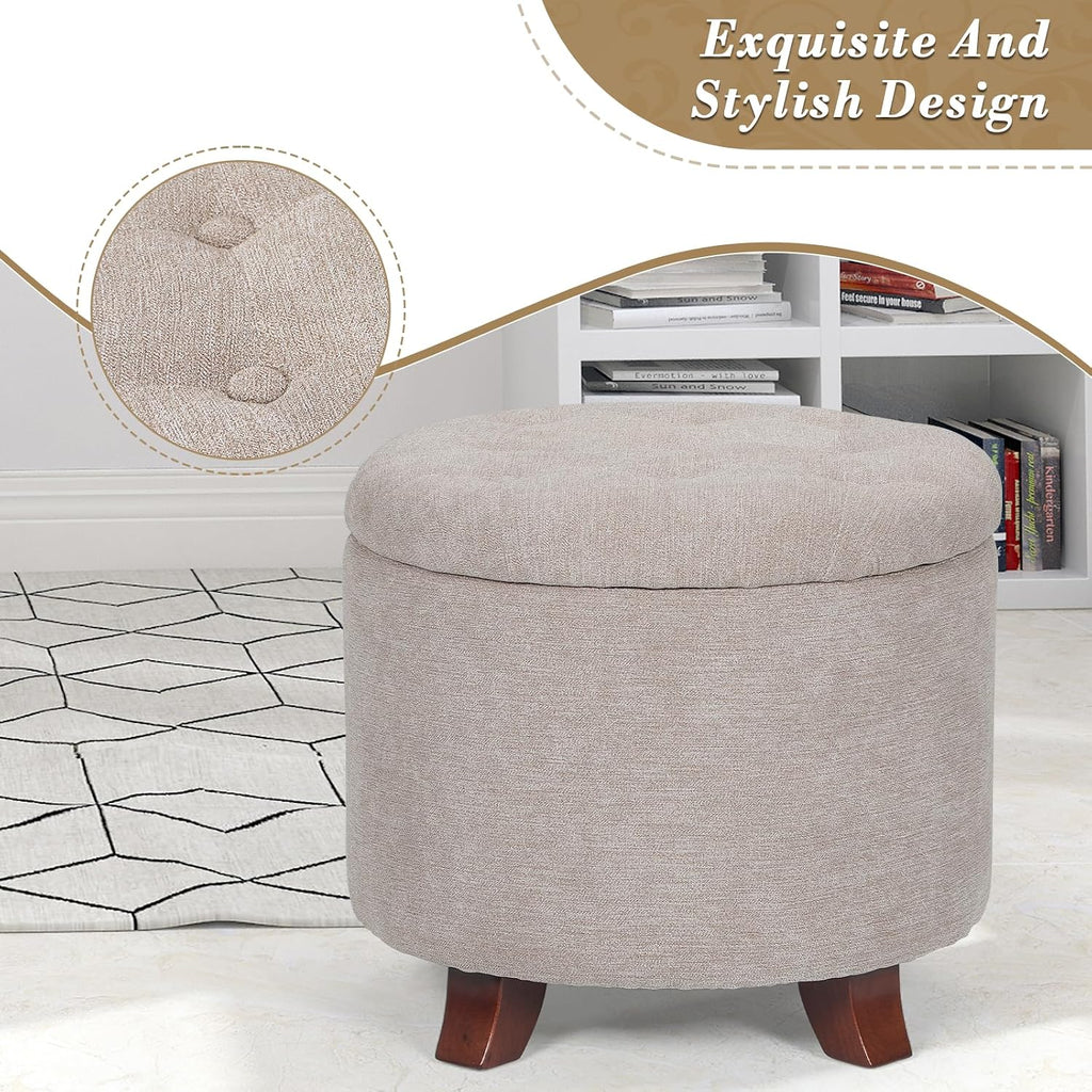 Khaki Linen Round Storage Ottoman Footstool