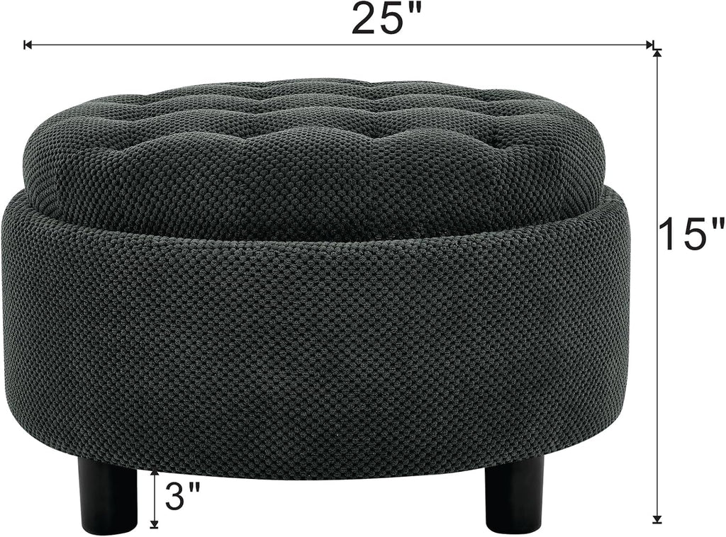 Dark Grey Round Tufted Storage Ottoman