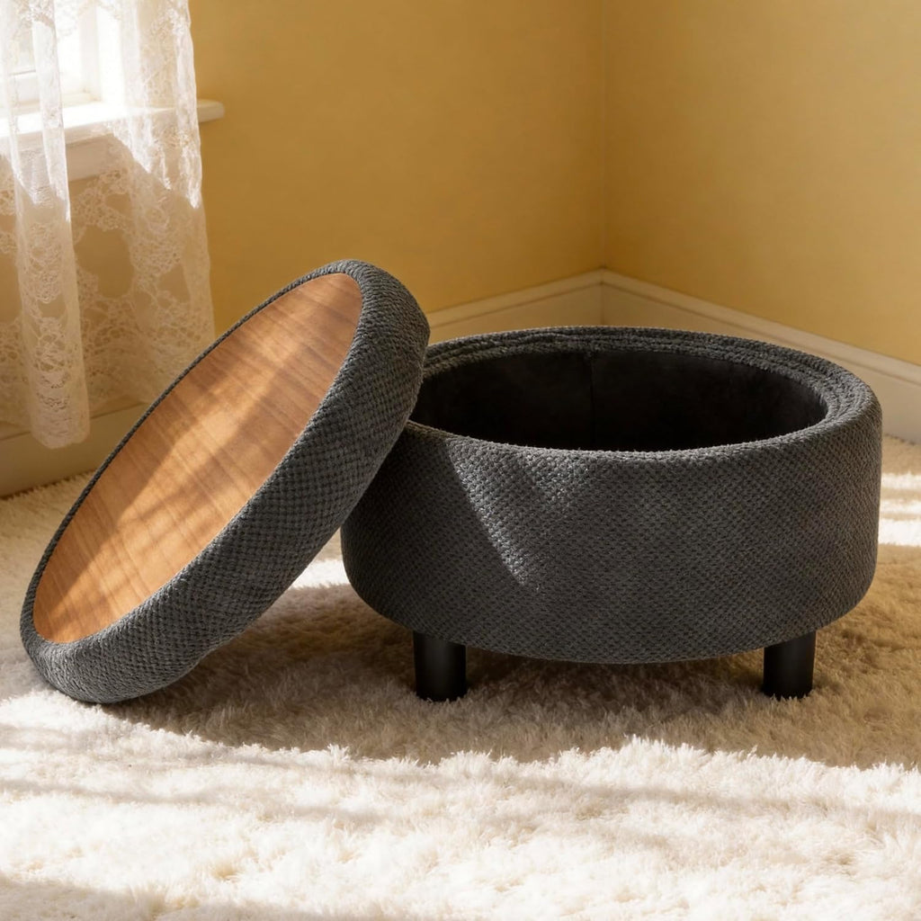Dark Grey Round Tufted Storage Ottoman