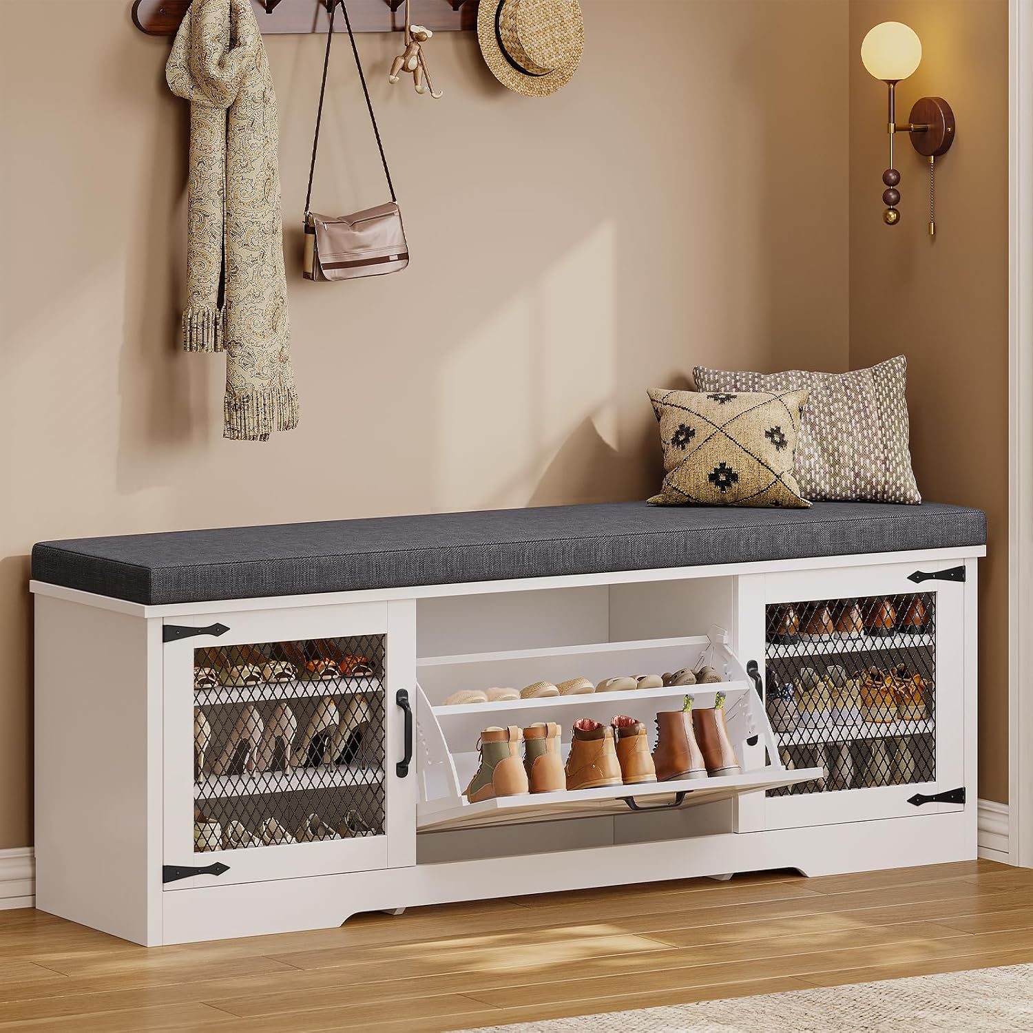 Cushioned Farmhouse Shoe Storage Bench