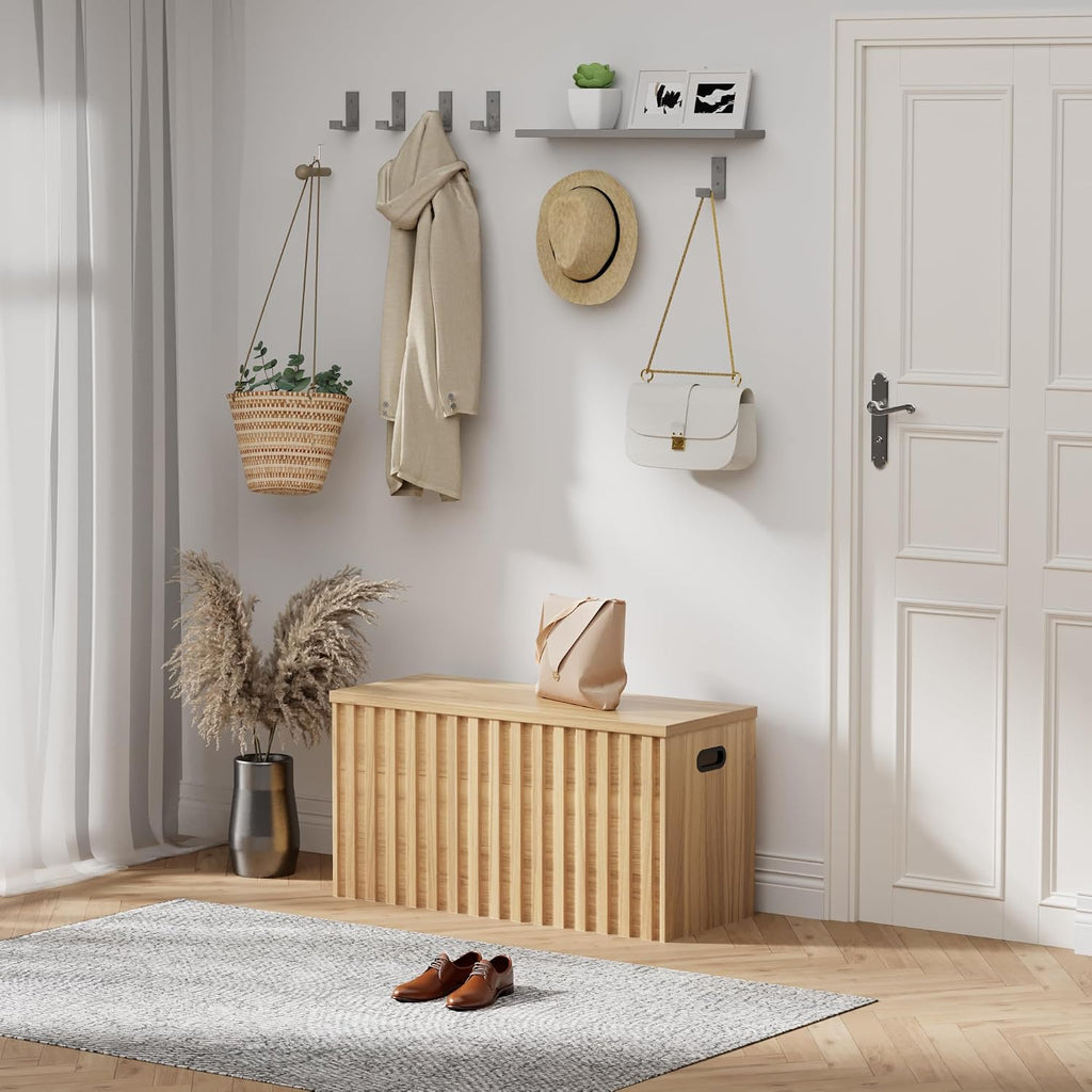Natural Fluted Wooden Storage Bench Chest