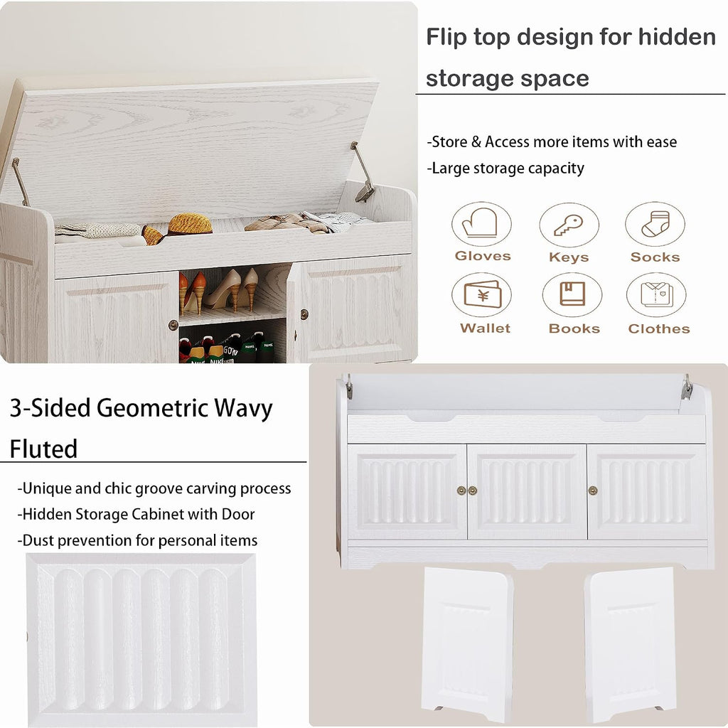 White Fluted Entryway Storage Shoe Bench