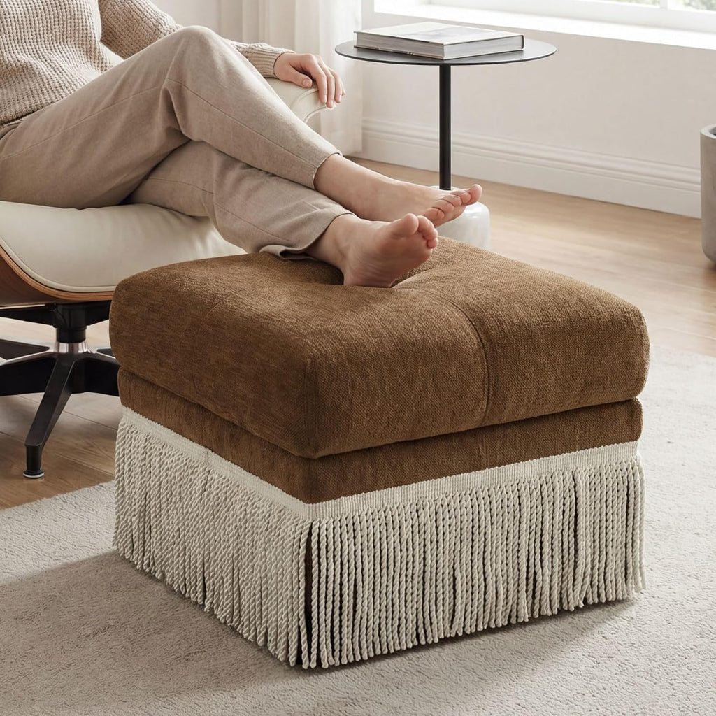 Brown Square Fringe Upholstered Footstool