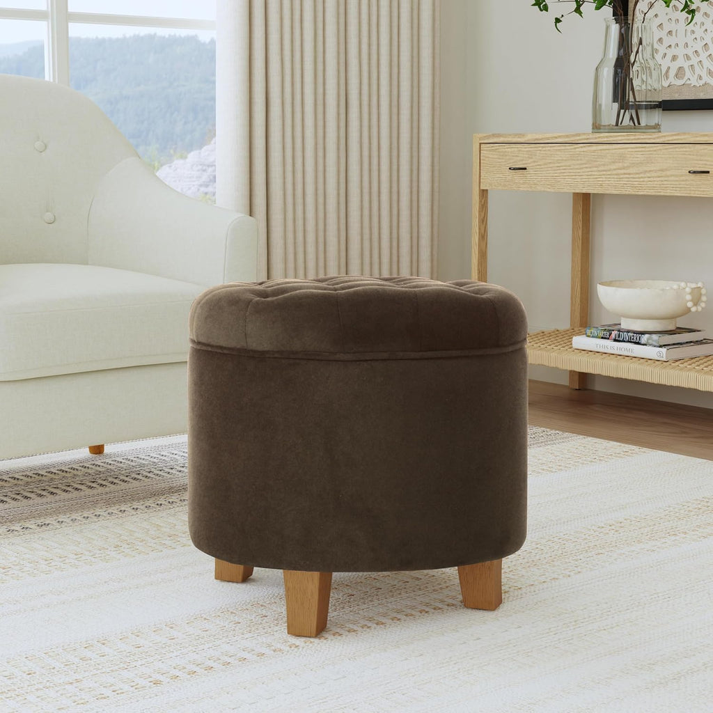Brown Velvet Tufted Round Storage Ottoman