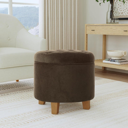 Brown Velvet Tufted Round Storage Ottoman