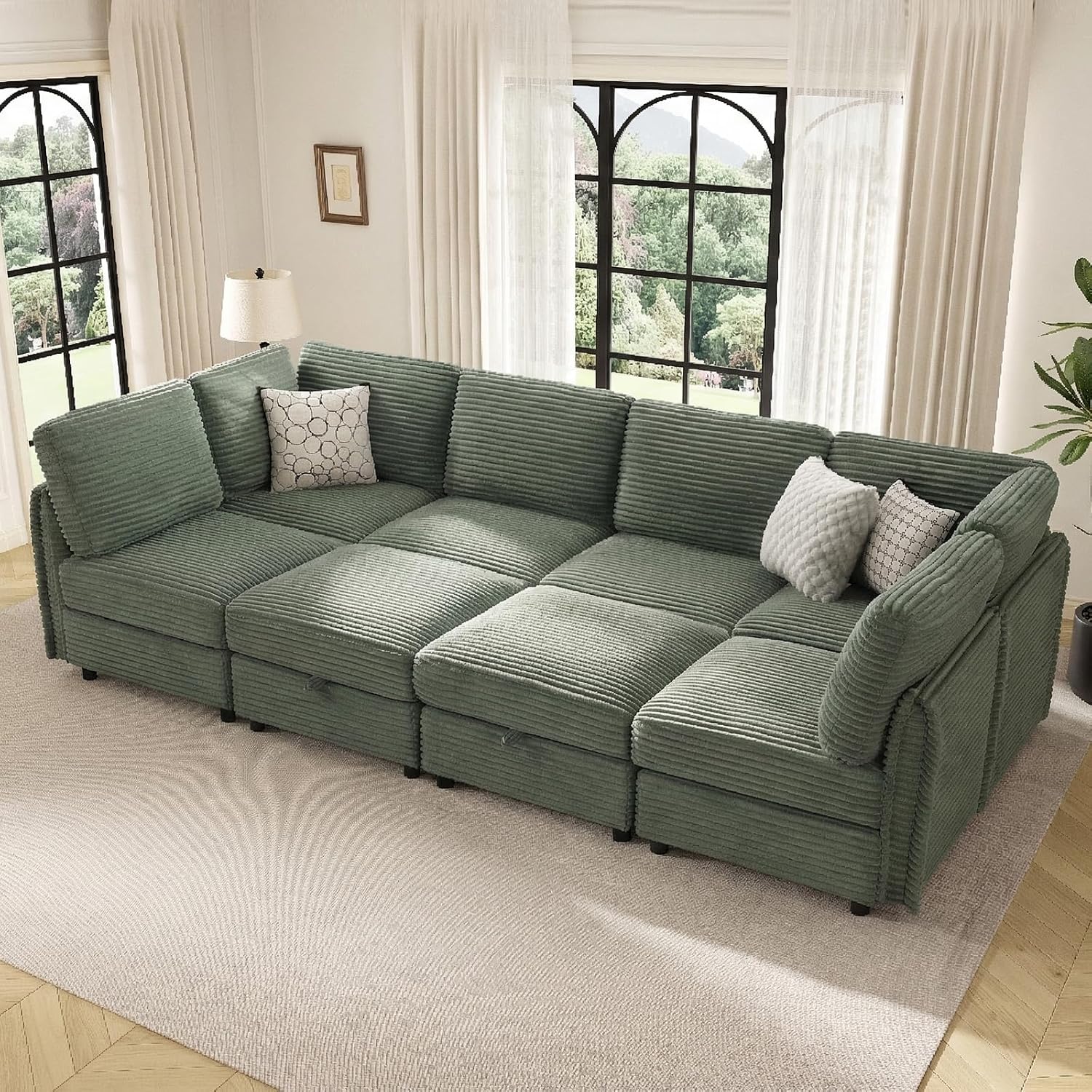 Green Corduroy Modular Sleeper Sectional Sofa