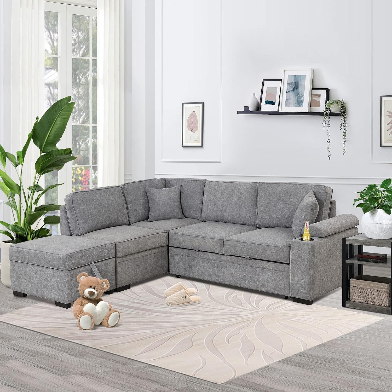 Gray L‑Shape Storage Sleeper Sectional Sofa