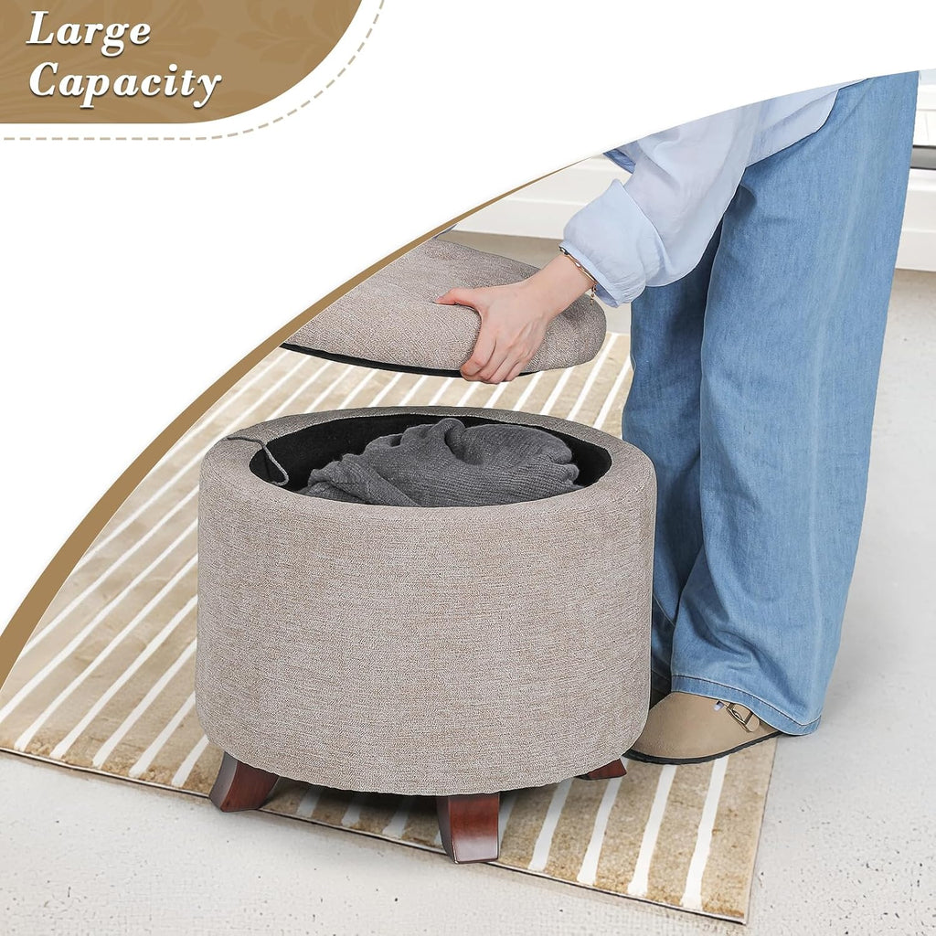 Khaki Linen Round Storage Ottoman Footstool