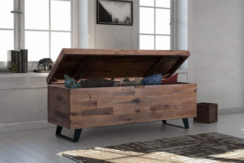 Brown Acacia Wood Storage Trunk Bench