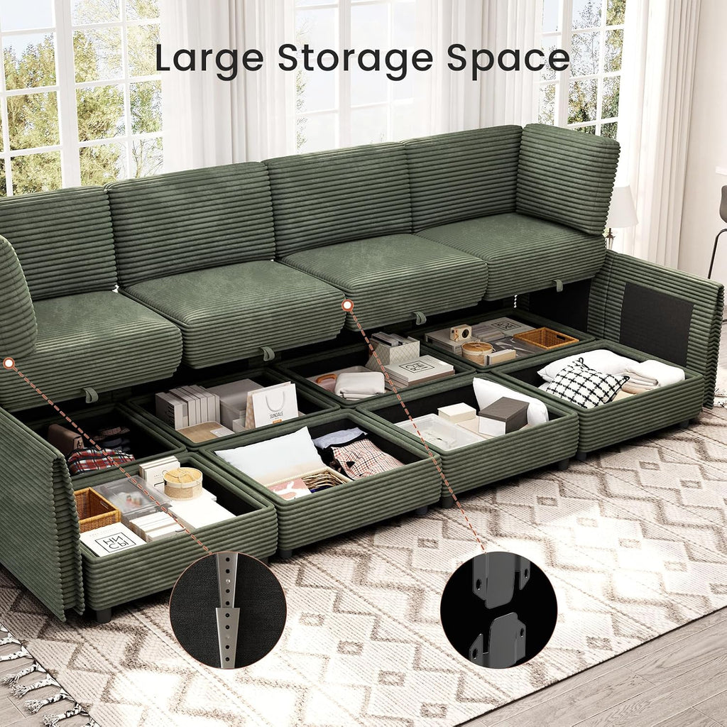 Green Corduroy Modular Sleeper Sectional Sofa