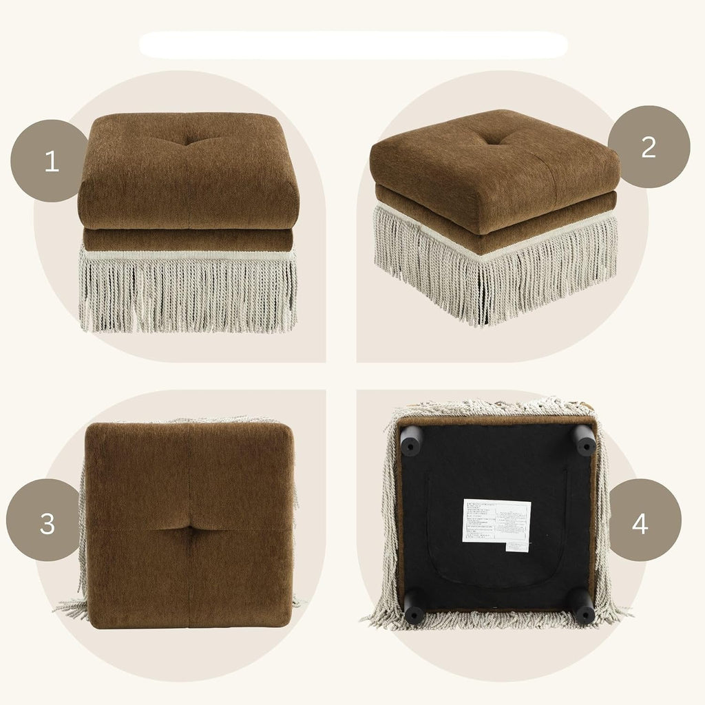 Brown Square Fringe Upholstered Footstool