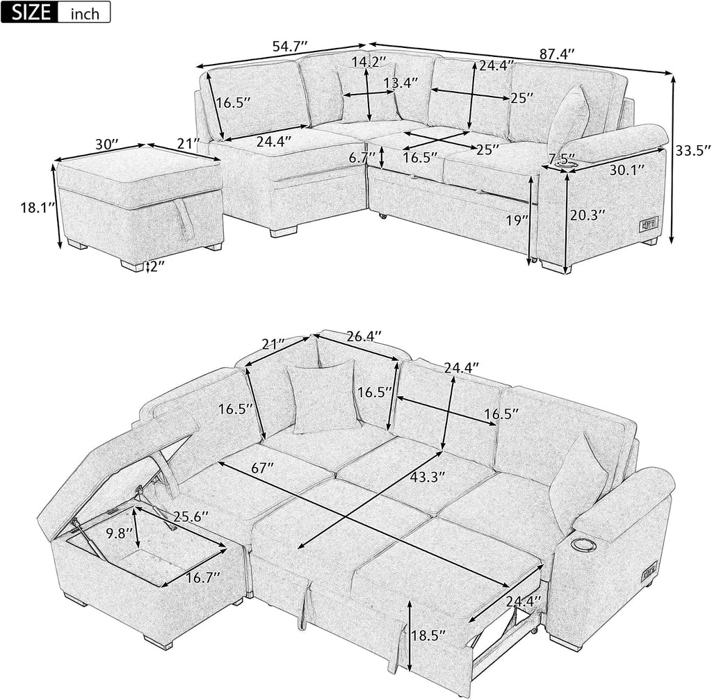 Gray L‑Shape Storage Sleeper Sectional Sofa