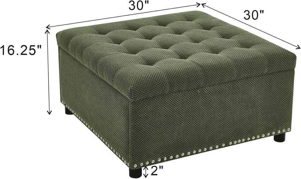 Green Tufted Square Fabric Storage Ottoman